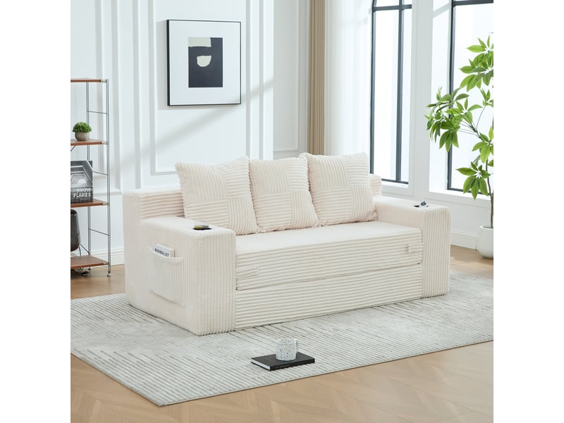 Canapé trois places avec porte-gobelets et poches latérales, design sans cadre, larges assises - beige - Conforama B