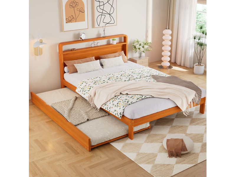  Lit 2 places, 140x200 cm, lit gigogne 90x190 cm, tête arrondie, espace nuit, matelas non inclus, bois, coloris naturel  - Conforama B