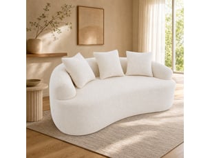 Canapé modulable 2 places arrondi en tissu chenille blanc, avec 3 coussins, sans montage