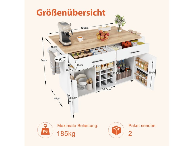 Îlot de cuisine mobile à plateau rabattable - desserte 2 portes 2 tiroirs 120x45x84 cm blanc - Conforama C