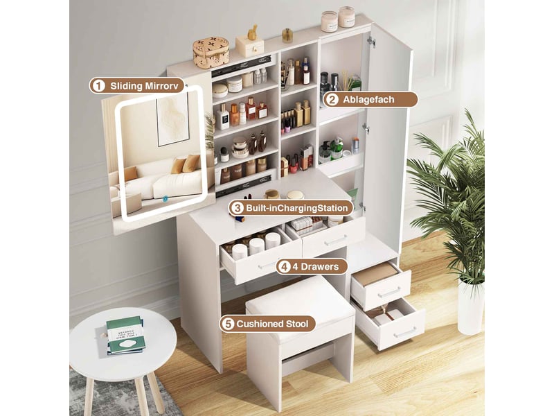  Blanc coiffeuse avec miroir led coulissant, meuble de maquillage avec 4 tiroirs et 1 armoire, table de toilette moderne avec tabouret  - Conforama D