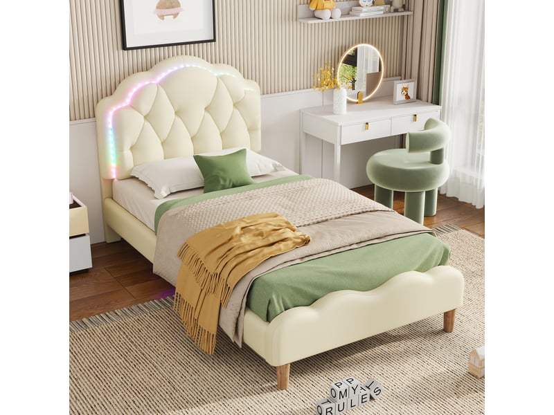  Lit enfant 90 × 200 cm 1 place avec led multicolore et tête de lit ondulée, sans matelas, en pu beige  - Conforama C