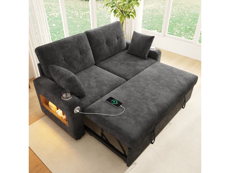 Canapé droit convertible 2 places 141,5x131x83,5 cm en chenille avec led, usb type-c, porte-gobelets et rangement - gris - Conforama B