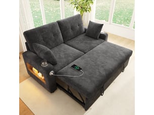 Canapé droit convertible 2 places 141,5x131x83,5 cm en chenille avec led, usb type-c, porte-gobelets et rangement - gris