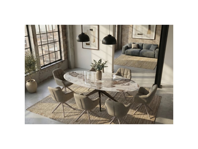  Table de salle à manger avelis ovale 220 cm en céramique effet marbre blanc et métal bronze  - Conforama E