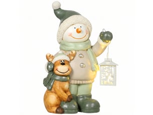 Bonhomme de neige en métal de 43 cm avec lanterne led et minuterie, pour entrée et porte.