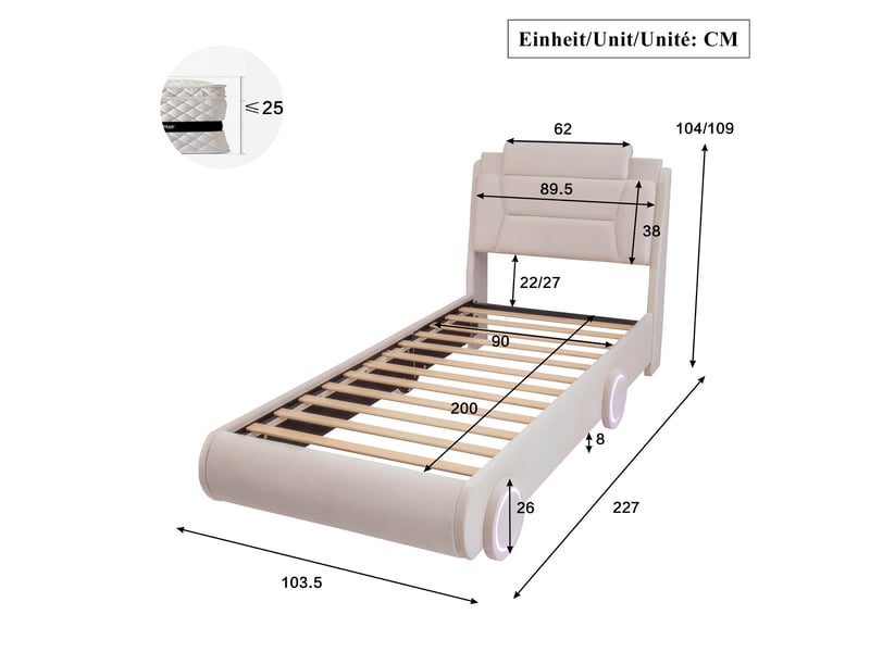  Lit rembourré pour enfants 90x200cm - lit en forme de voiture de course - hauteur de tête de lit réglable - avec éclairage led - tissu velours - beige (sans matelas)  - Conforama C