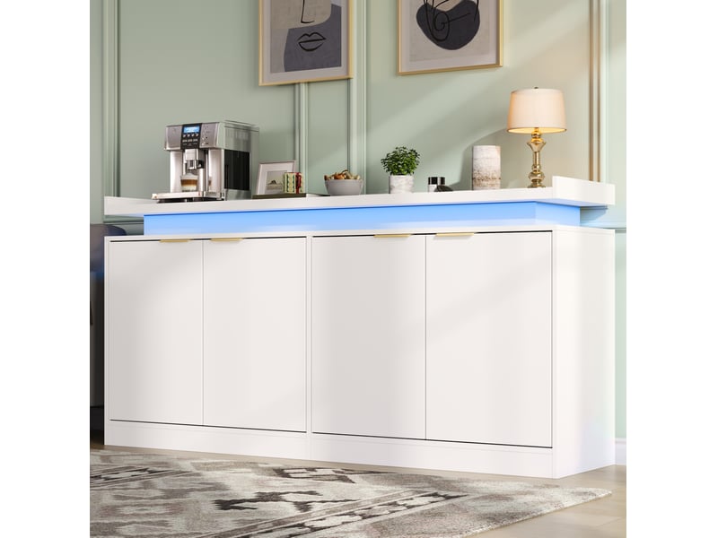  Buffet avec 4 portes, étagères fixes et éclairage led rgb, pour cuisine et salle à manger, mdf blanc, 160 × 39 × 83 cm  - Conforama C