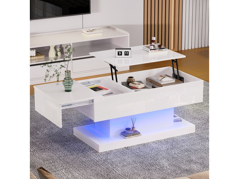  Table basse relevable blanche avec led 100x50x45 cm - plateau coulissant et rangement intégré  - Conforama C
