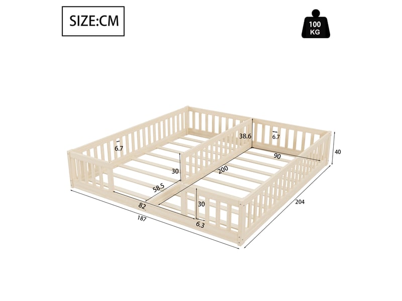  Lit enfant double 90x200 cm en pin naturel avec barrières  - Conforama C