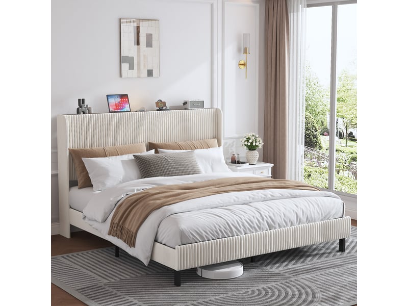  Cadre de lit 180x200 cm avec tête de lit rembourrée, design ailes, sommier métal silencieux  - Conforama E