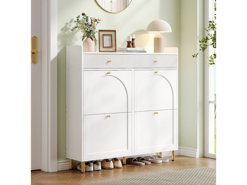 Meuble à chaussures étroit 4 portes battantes 2 tiroirs étagère à chaussures poignées métalliques blanc pour couloir chambre  - Conforama B