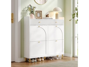 Meuble à chaussures étroit 4 portes battantes 2 tiroirs étagère à chaussures poignées métalliques blanc pour couloir chambre
