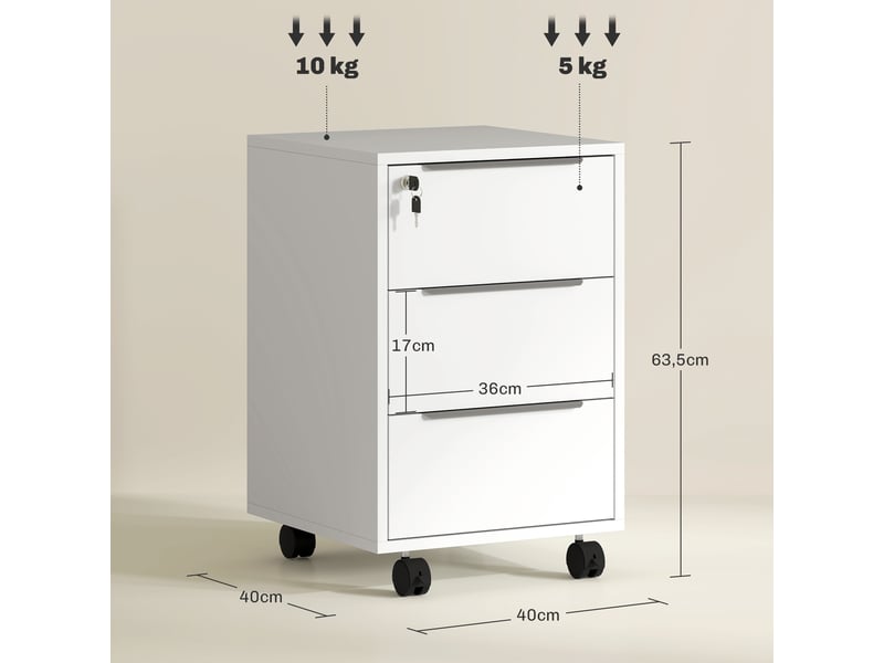  Commode à 3 tiroirs, roulettes, serrure et 2 clés, idéale pour un bureau ou un salon, 40 x 40 x 63,5 cm, blanche.  - Conforama D