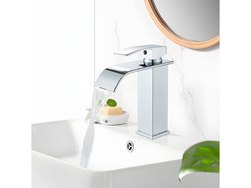  Robinet de salle de bain style cascade, mitigeur lavabo monotrou à deux voies, design moderne, finition chromée  - Conforama A