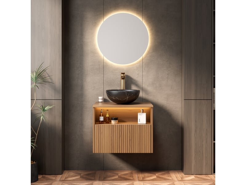  Meuble sous vasque 1 tiroir, niche ouverte et led à détection, en contreplaqué et céramique, salle de bain 60×46×60,8 cm  - Conforama C