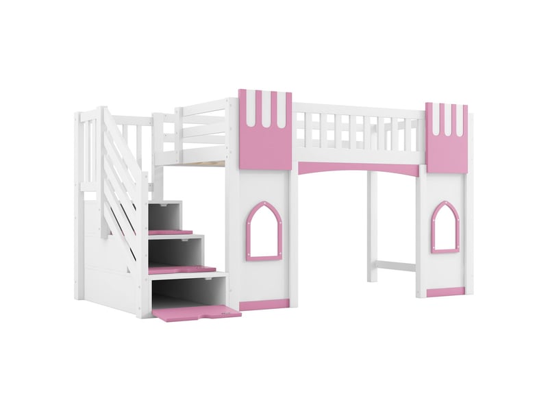 Lit mezzanine 90 x 200 cm escalier de rangement fenêtre intégrée blanc et rose structure en hauteur  - Conforama E
