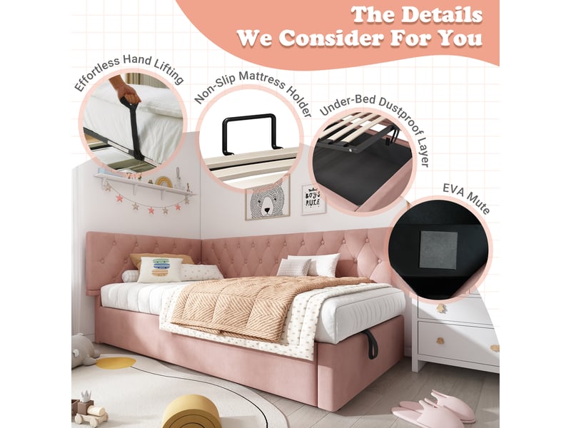 Lit banquette 90x200 cm en velours rose, canapé-lit avec coffre de rangement hydraulique & sommier à lattes, pour chambre d'enfant et ado - Conforama D