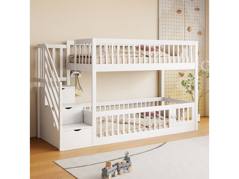  Lit superposé, 90x200 cm, mobilier enfant, barrières de sécurité, 1 sommier, matelas non inclus, bois, coloris blanc  - Conforama B