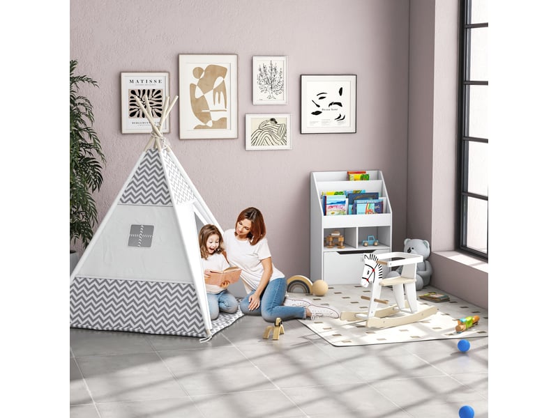  Tente teepee indien tente de jeu pour enfant style graphique - dim. 1,2l x 1,2i x 1,55h m - à l'intérieur à l'extérieur gris blanc - porte refermable fenêtre tapis coussin sac transport inclus  - Conforama D