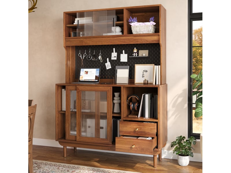  Buffet de cuisine 117x30x170 cm, fond ajouré, 4 portes coulissantes verre strié, 2 tiroirs, niches, mdf, bois foncé  - Conforama E