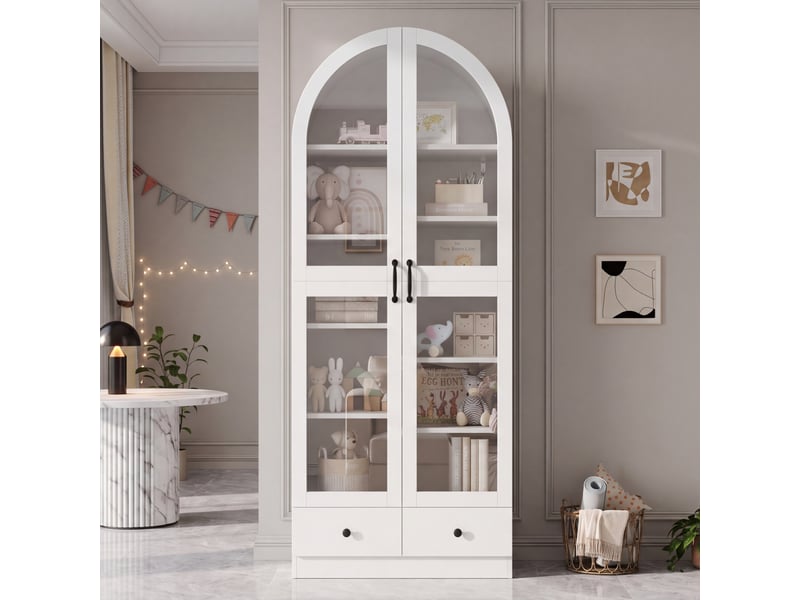 Vitrine à sommet arqué avec 2 portes vitrées et 2 tiroirs à compartiments pour salon et bureau en mdf verre blanc - Conforama B
