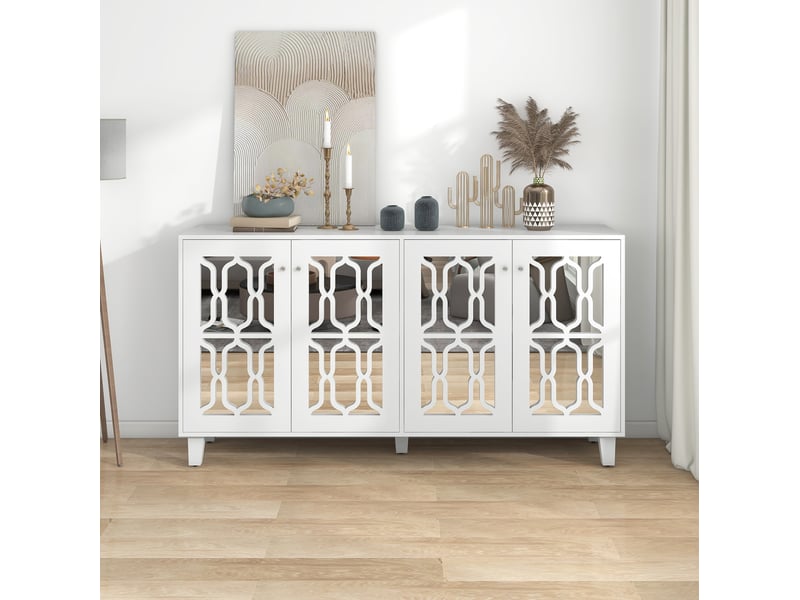 Buffet bas modenvie 4 portes à inserts miroir 160 x 40 x 84 cm blanc mdf - Conforama D