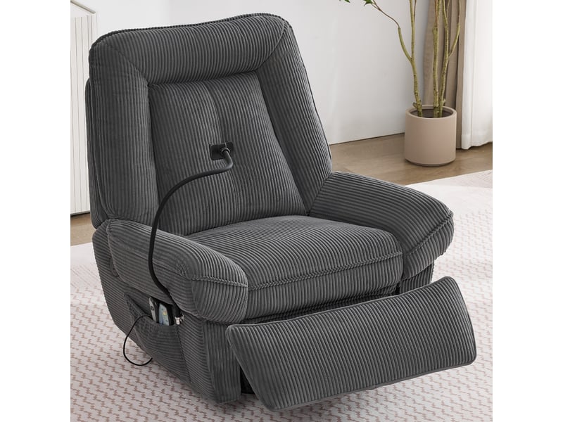  Fauteuil relax électrique massant, fauteuil pivotant 360° avec fonction chaleur et vibration, repose-pieds inclinable, port usb, tissu côtelé gris  - Conforama D