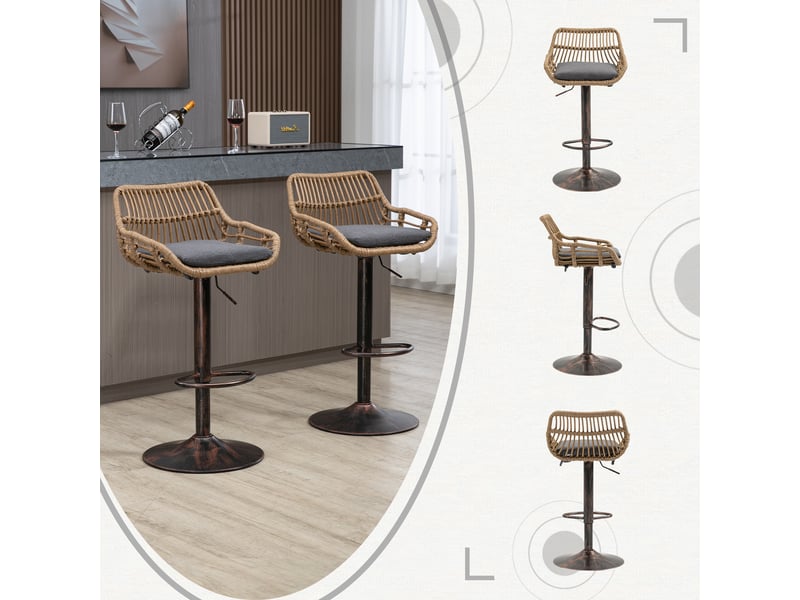  Lot de 2 chaises 49 x 48 x 89-109 cm design rétro, assise en lin, robuste et confortable, rotin pe et base métal, gris  - Conforama D