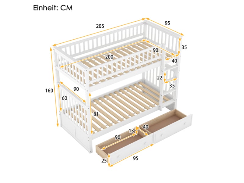  Lit superposé 90x200 cm, lit enfant avec 2 tiroirs et sommier à lattes, en bois, blanc, sans matelas  - Conforama D