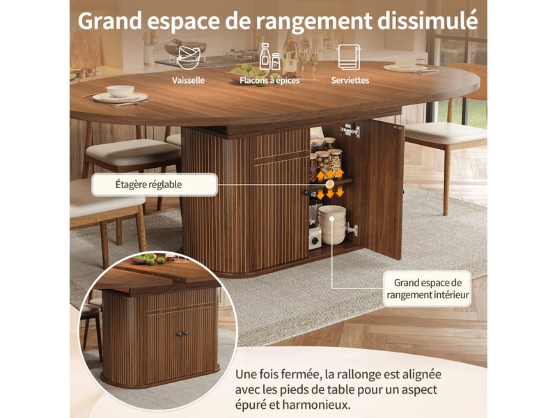  Table à manger extensible 118-158x118 cm pour 4 à 6 personnes, rangement intégré 2 portes, étagères réglables, pied central rainuré, brun foncé  - Conforama E