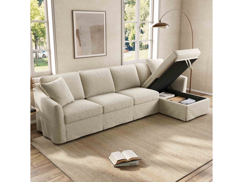  Canapé d’angle en l 4 places 274x128,5x83 cm avec coffre méridienne, housses amovibles lavables, tissu effet lin - lin-beige  - Conforama E