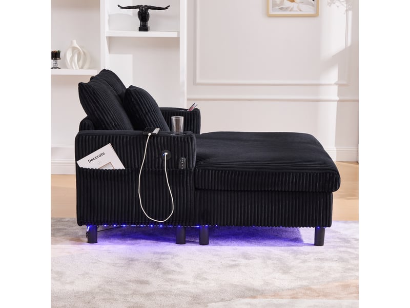 Fauteuil relax chaiselongue fixe 1 place en velours côtelé noir avec led, usb et porte-gobelets intégrés - Conforama E
