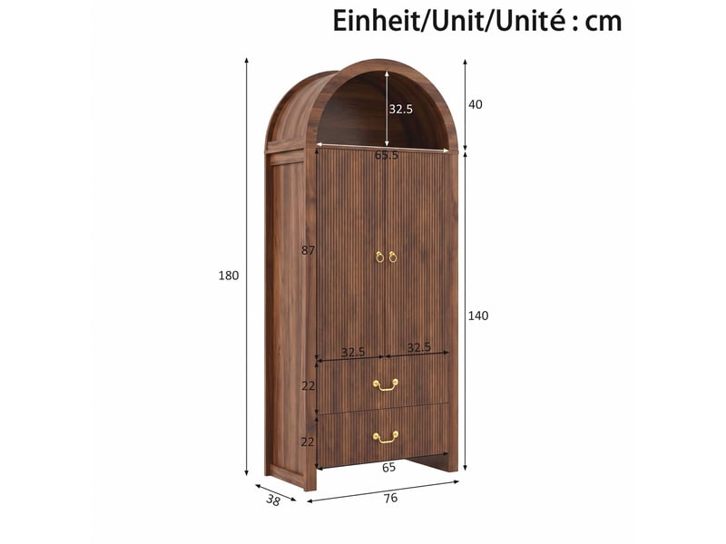 Buffet haut avec led et 2 portes 2 tiroirs 76x38x180 cm coloris noyer - Conforama C