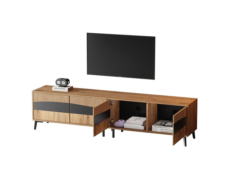Meuble tv bois noir 4 armoires 8 pieds charge 30 kg design symétrique bas  - Conforama B