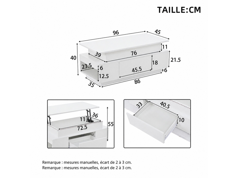  Table basse relevable avec led et rangement – blanche – 96 x 45 x 40 cm  - Conforama D