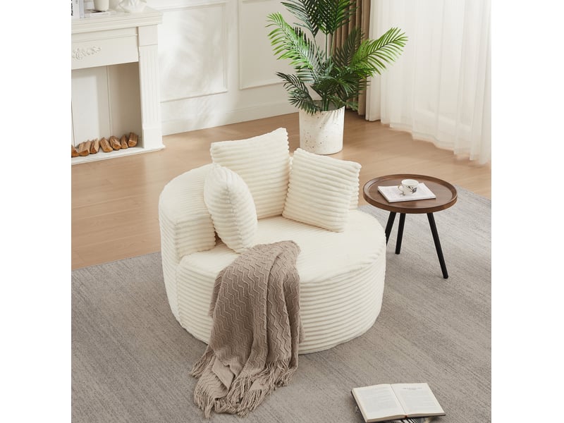  Fauteuil rond modenvie 110 x 110 x 82 cm beige en velours côtelé avec 3 coussins  - Conforama E