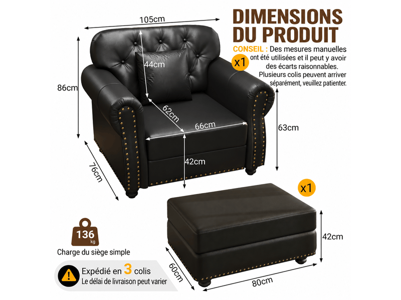  Fauteuil chesterfield fixe noir en simili cuir avec ottoman, 105 x 76 x 86 cm, coussin inclus 105X76X86cm - Conforama C