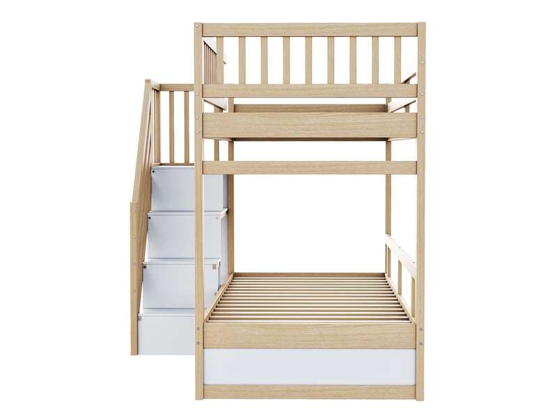Lit superposé enfant 90x200 cm – bois naturel et blanc – escalier de rangement, tiroirs – sans matelas - Conforama E