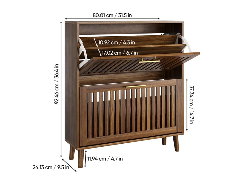  Meuble à chaussures 80 x 24 x 92.5 cm - 2 portes abattantes à grille – style mid-century modern -bois - noyer  - Conforama C