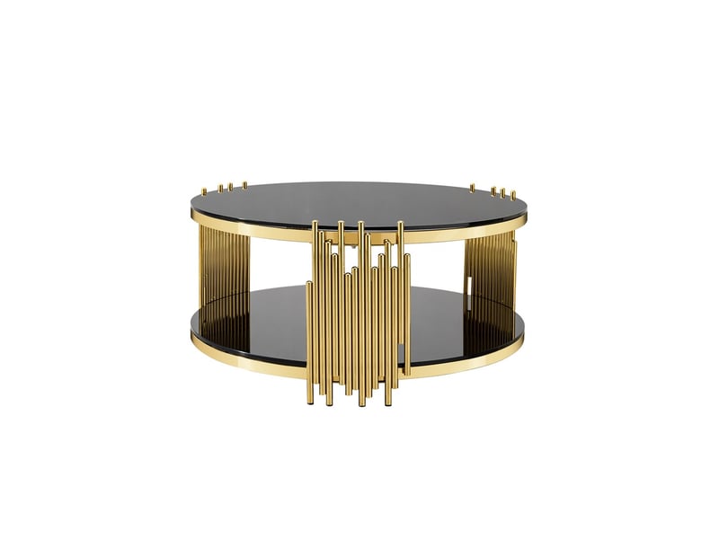  Table basse moderne verre noir plateau double verre rond piètement acier doré salon canapé appoint maison bureau  - Conforama E