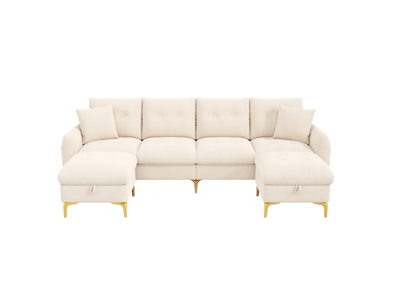  Canapé d'angle convertible modulable 4 places en tissu beige avec 2 poufs de rangement, style rétro pour le salon  - Conforama A