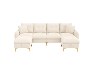 Canapé d'angle convertible modulable 4 places en tissu beige avec 2 poufs de rangement, style rétro pour le salon