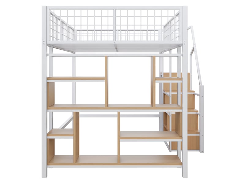  Lit mezzanine 140x200 avec escalier et rangement intégré, cadre en métal robuste, lit mezzanine blanc idéal pour adulte et enfant.  - Conforama E