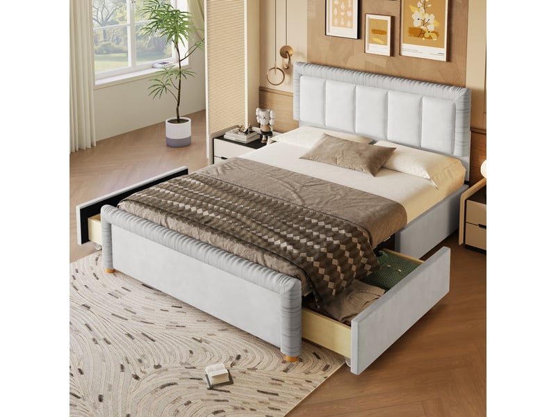  Lit coffre 140x200 cm en velours avec 2 tiroirs de rangement, lit double rembourré avec tête et pied de lit capitonnés, sommier inclus - gris  - Conforama D
