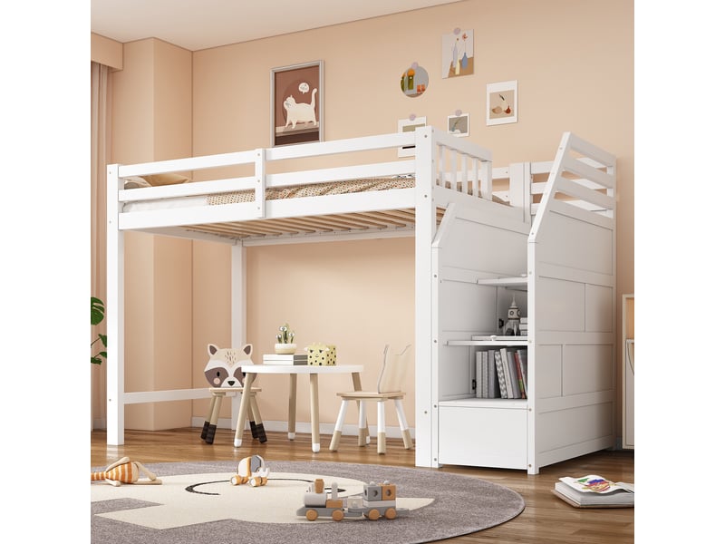  Lit mezzanine enfant simple 90×200 cm avec barrières et escalier rangement  - sans matelas pin blanc  - Conforama C