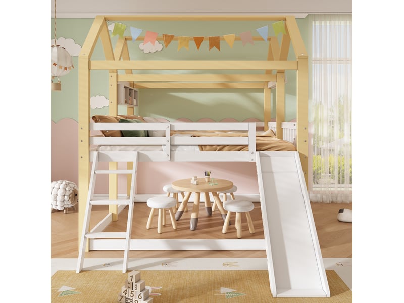 Lit mezzanine enfant 90 x 200 cm avec toboggan et échelle, blanc et naturel - Conforama D