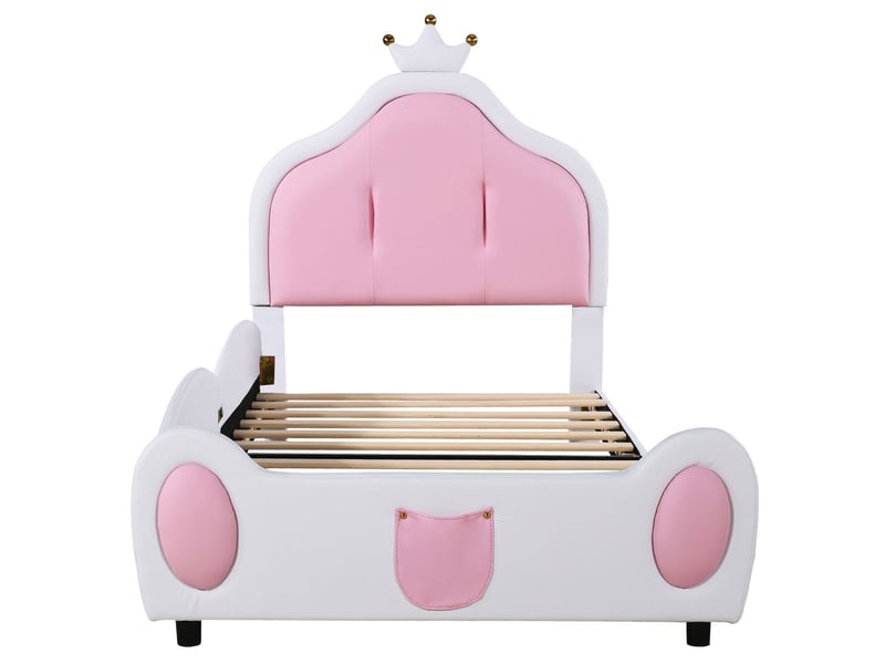  Lit rembourré 90x200cm en similicuir pu blanc et rose - lit enfant - tête de lit couronne, patchwork mignon, facile à nettoyer  - Conforama A