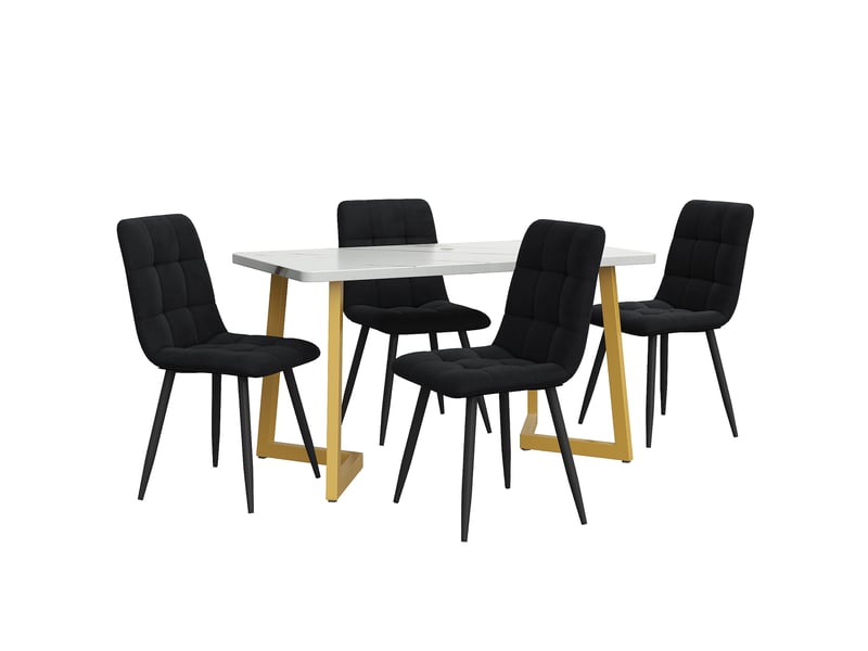  Ensemble table à manger avec 4 chaises, table à manger rectangulaire de 117 cm, effet marbre, velours noir et pieds dorés  - Conforama B