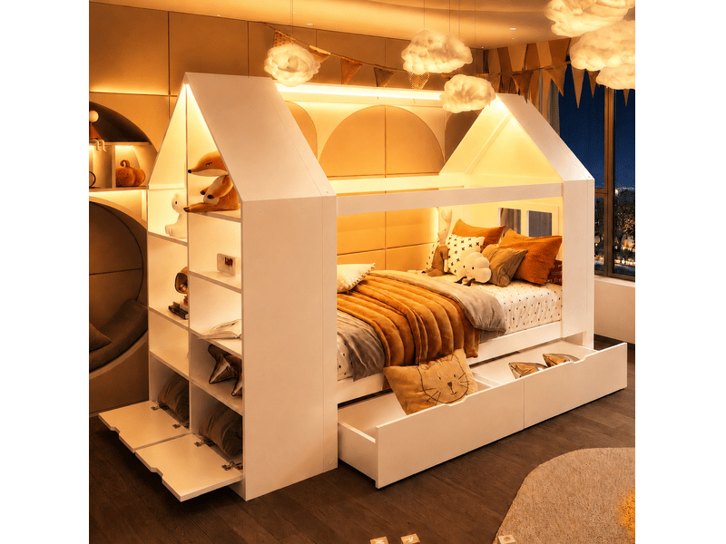  Lit enfant cabane 90x200 cm avec led et rangements bois et mdf blanc sans matelas  - Conforama B